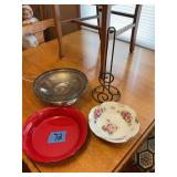 Mixed Tableware Lot Including Silver Plated Bowl, Red Ceramic Plate, Floral Porcelain Dish, and Metal Stand