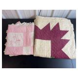Lot of Two Handmade Quilts: Pink Embroidered Bird Quilt and Plum Star Quilt