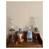 Assorted Glass Oil Lamps, Candle Holder, and Lamp Oil Lot