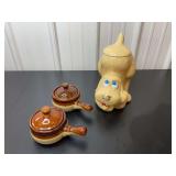 Ceramic Dog Cookie Jar and Two Brown Glazed Soup Crocks with Lids