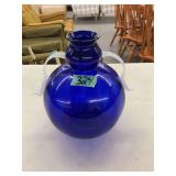 Cobalt Blue Glass Vase with White Handles