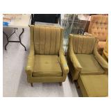 Set of Two Upholstered Armchairs with Matching Ottoman in Olive Green Textured Fabric