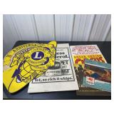 Assorted Advertising Signs and Posters Including Lions Club and Mobilgas