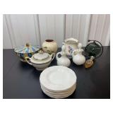 Assorted Decorative Tableware and Glassware Lot including Milk Glass Cruets and Plates