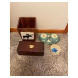 Assorted Home Decor Lot with Moose Wastebasket, Wooden Box, Tin Set, and Covered Dish