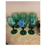 Set of Six Green Glass Goblets with Gold Trim