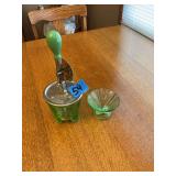 Green Uranium Glass Beater Jar with Hand Crank Mixer and Matching Sherbet Dish