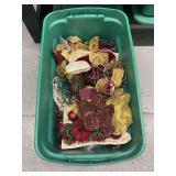 Green Storage Bin Filled with Gold and Burgundy Holiday Decor