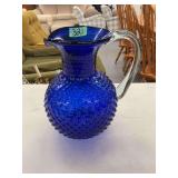 Cobalt Blue Glass Pitcher with Hobnail Texture and Clear Handle