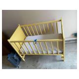 Yellow Painted Wooden Baby Crib with Decals and Mattress