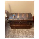 Dome Top Wood and Metal Steamer Trunk with Interior Lithograph