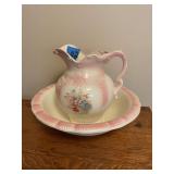 Ceramic Wash Pitcher and Basin Set with Pink Floral Trim and Relief Molding
