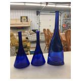 Set of Three Cobalt Blue Glass Bottles