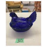 Cobalt Blue Glass Hen on Nest Dish