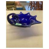 Cobalt Blue Art Glass Bowl with Scalloped Edge and Applied Handle