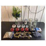 Assorted Decorative Vases, Candle Holders, String Lights, and Table Centerpieces