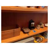 Assorted Household Decor and Collectibles Lot Including Wooden Box, Miniature Clock, Wall Match Holder, Glass Jar, Ceramic Turkey Figurine, and Ceramic Dish