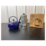 West Bend No. 3266 Hot Pot Heat & Server with Blue Enamel Teapot