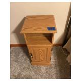 Oak Finish Wood Side Table with Storage Cabinet and Open Shelf