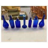 Cobalt Blue Glass Bottles and Candlestick Holder Assortment - 7 Pieces