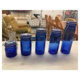 Cobalt Blue Glass Canister Set with Metal Clasp Lids - 5 Pieces