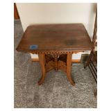 Wooden Occasional Table with Detailed Fretwork and Turned Center Post