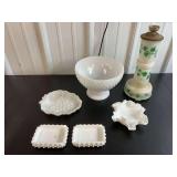Collection of Milk Glass Tableware and Decorated Lamp Base