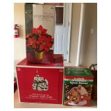 Lot of 3 Fiber Optic Christmas Holiday Decorations: Poinsettia Arrangement, Church with Kids, and Snow House