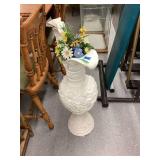 Large White Decorative Urn Style Floor Vase with Floral Arrangement
