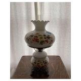 Electrified Hurricane Lamp with Floral Milk Glass and Ornate Metal Base