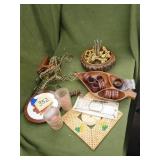 Wood bowl, napkin rings, nut crackers, displays, c