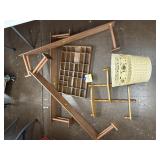 Shelf units, curio shelf, wicker trash can