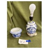 Blue and white lamp and bowl