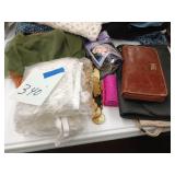 Purses, shaw, belt, doilies, hats, etc