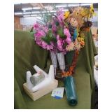 Amber vase, wire basket, greenery, flowers, etc