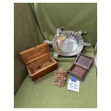Turtle dish, wooden boxes, carved pirate