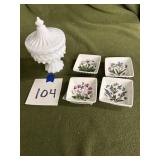 Milk glass candy dish, condiment dishes