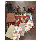 Tablecloths, bronze shoes, boots, etc