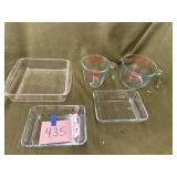 Pyrex baking dishes, meas cups