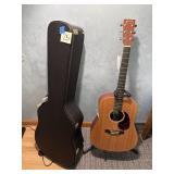 Electric acoustic guitar, case, stand