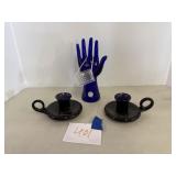 Blue glass hand, candlesticks