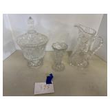 Glass vase, pitcher, candy dish