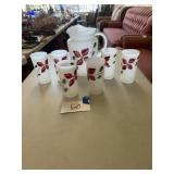 Frosted hand painted pitcher, glasses
