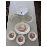 English Abbey dishes, iridescent plate, etc