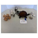 Turtle lamp, dog figurines, shakers, etc