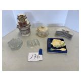 Dishes, paper wgt, inkwell, candle lamp, etc