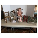 Doll chairs, benches, dolls