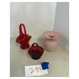 Pink satin glass vase, red glass baskets