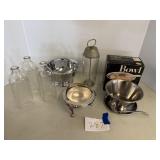 Bottles, silverplate dishes, antique mixer