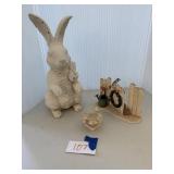 Rabbit, mini marble bird bath, fence decor